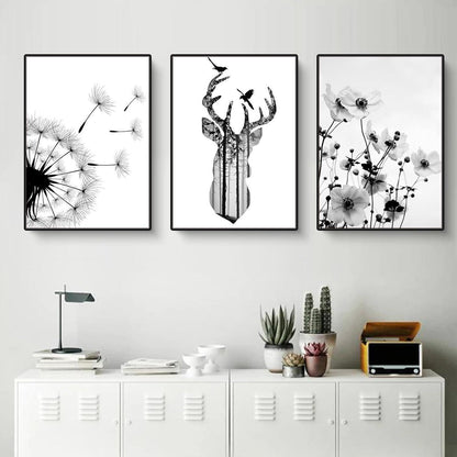 3er Poster Set Schwarz-Weiß Schmetterling Blume Wanddeko