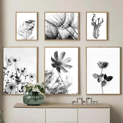 3er Poster Set Schwarz-Weiß Schmetterling Blume Wanddeko