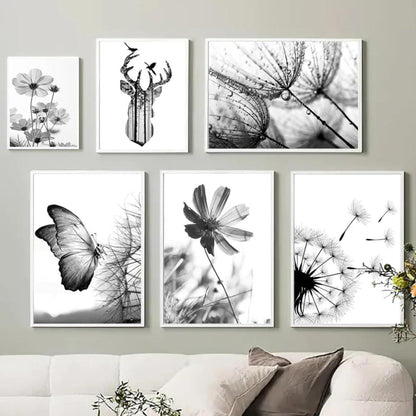 3er Poster Set Schwarz-Weiß Schmetterling Blume Wanddeko