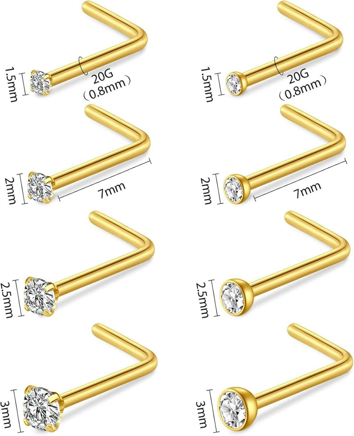 Nasenpiercing Set Chirurgenstahl Kristall Gold Silber 20G 18G