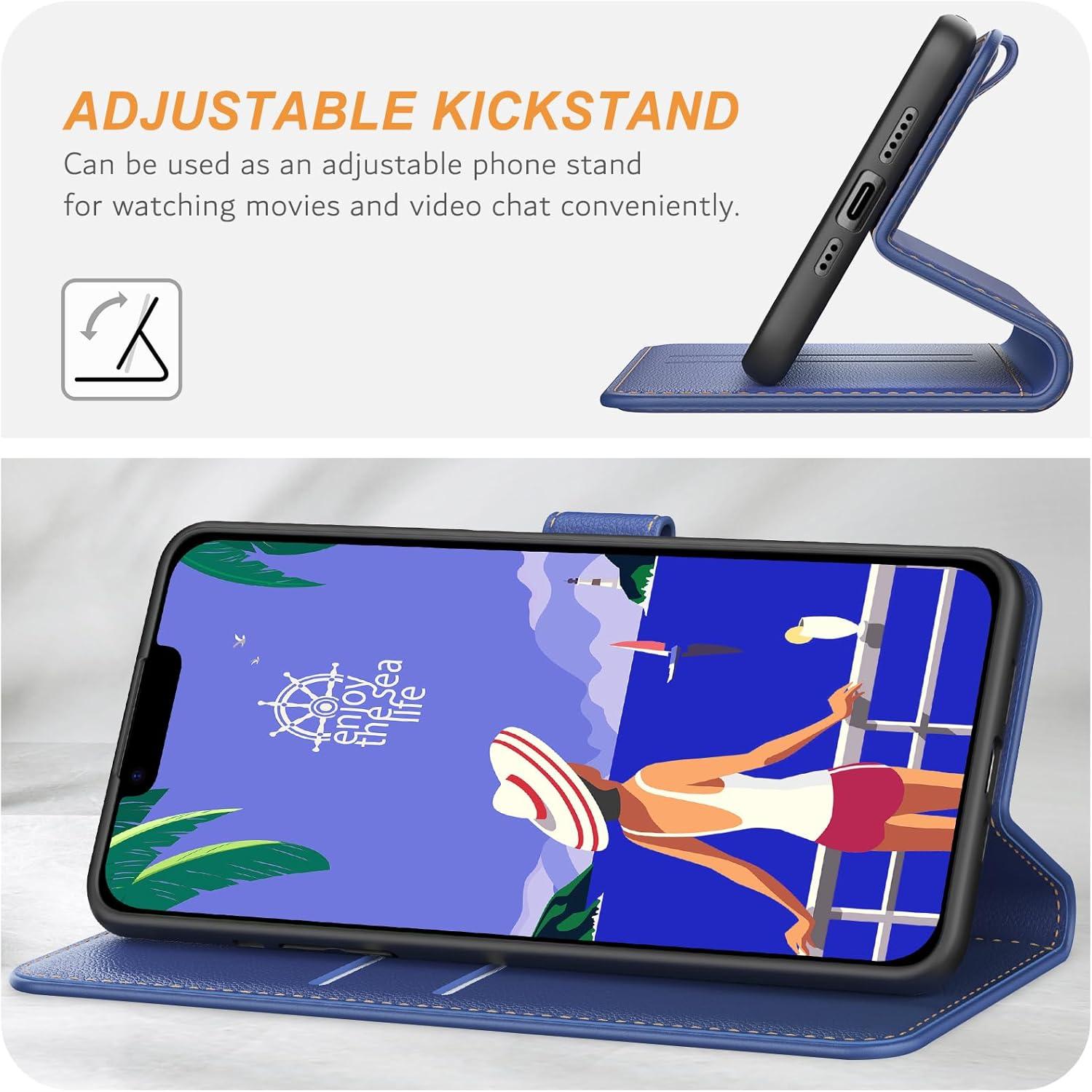 iPhone 14 / 13 Hülle Leder Blau mit Kartenschlitzen & Standfunktion