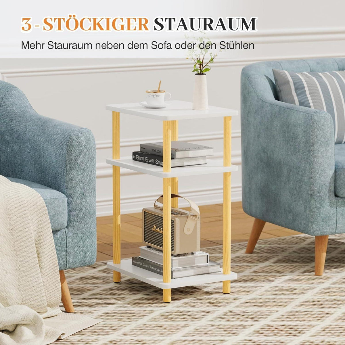 Beistelltisch Holz 3 Tier Schmal Klein 40x30x61.5cm für Wohnzimmer Schlafzimmer Balkon Arbeitszimmer