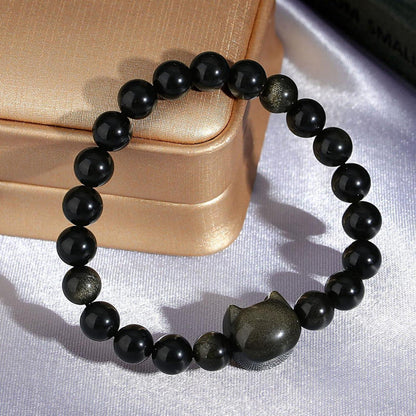 Katzenarmband aus goldenem Obsidian mit 8mm Perlen – Glücksbringer für Damen