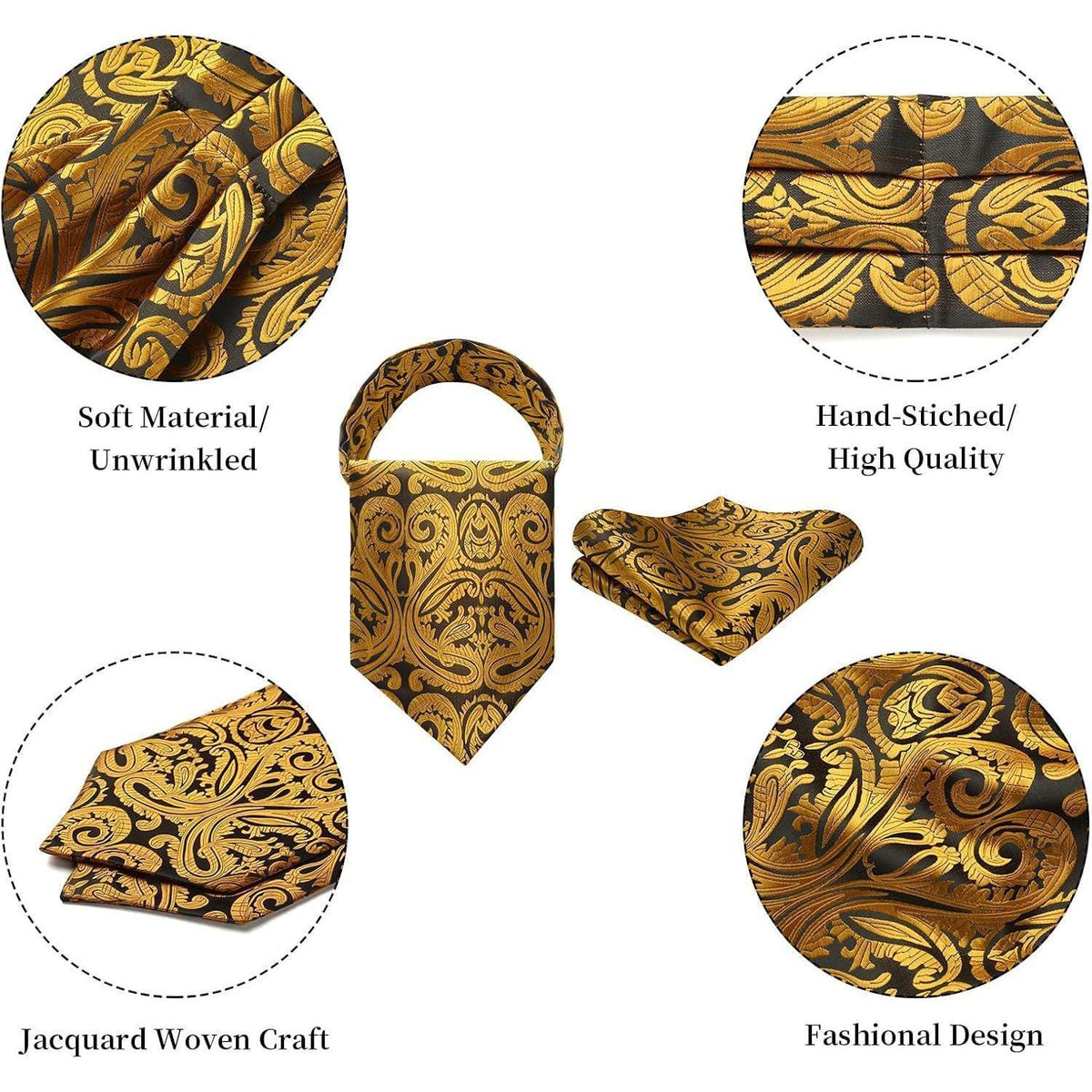 Herren Krawattenschal & Einstecktuch Set Paisley Gold