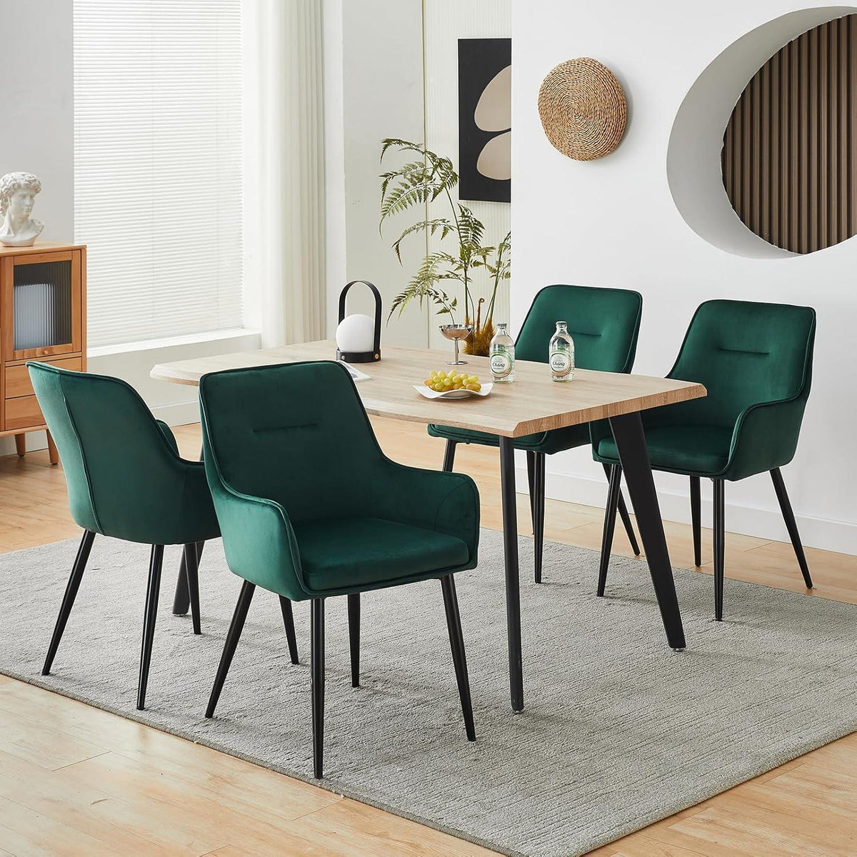 Samt Esszimmerstühle 4er-Set mit Armlehnen & Kissen, Grün