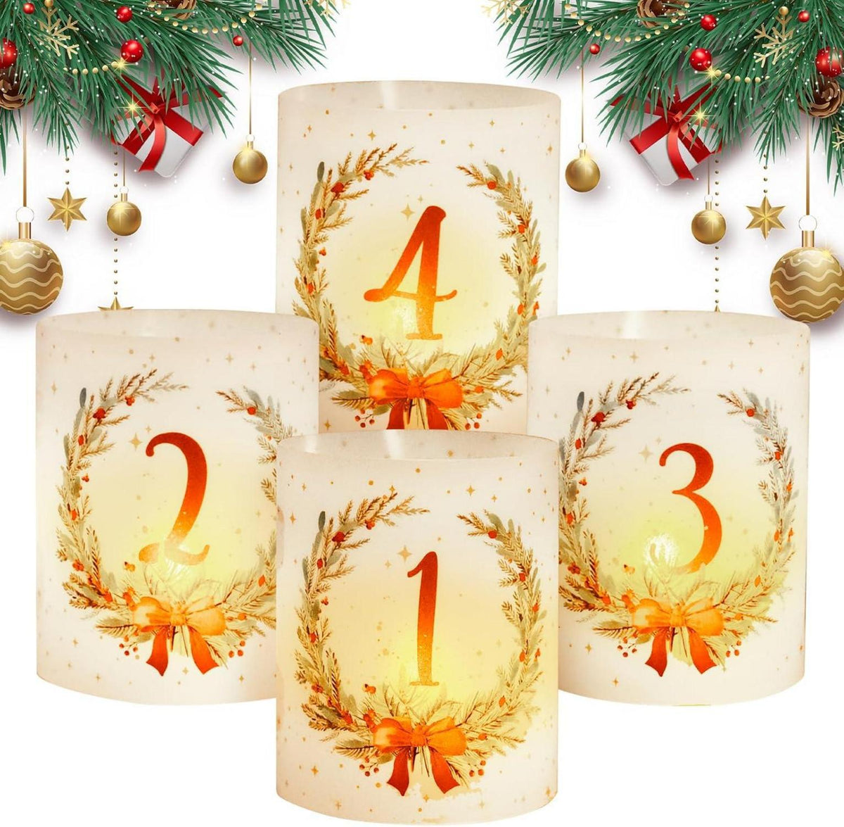 BETESSIN Adventskerzen Windlichter Set 12 Stück Weihnachten Deko Tischlichter Adventszahlen Indoor Outdoor