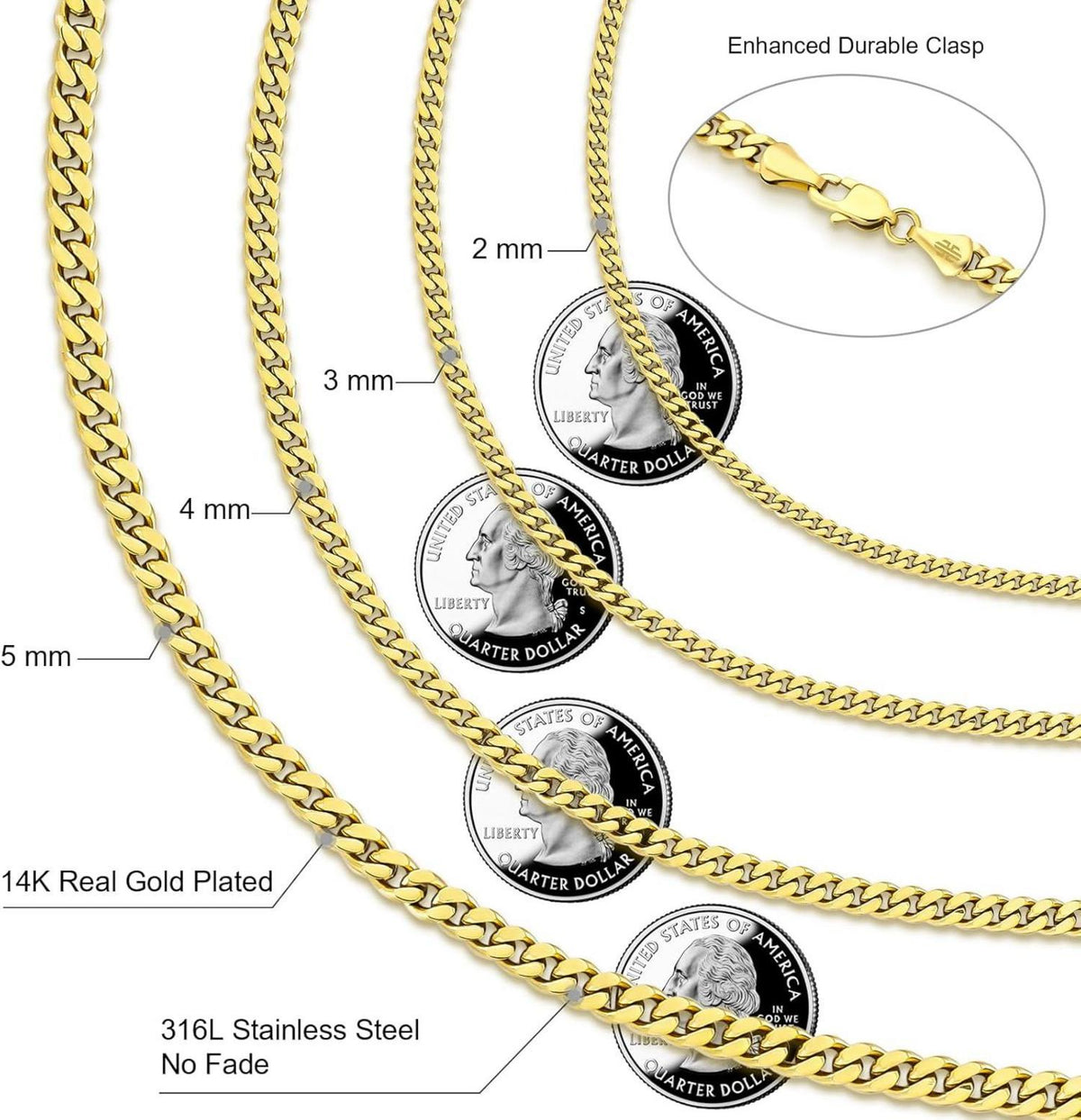 Edelstahl Panzerkette 2mm Diamantschliff Gold Vergoldet 61cm