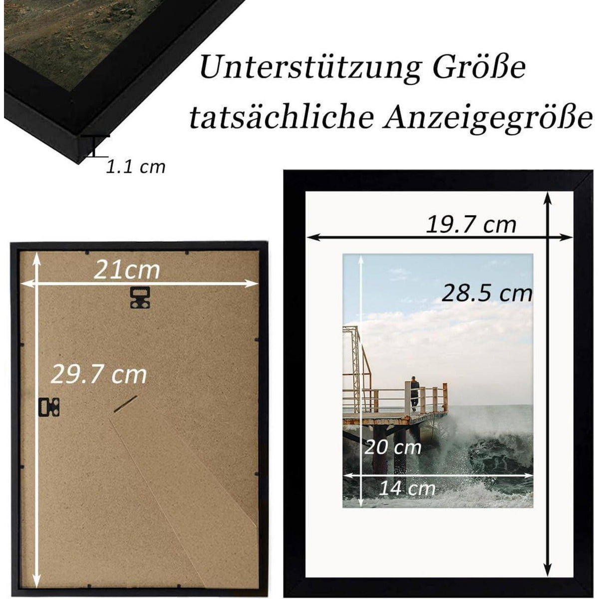 Massivholz Bilderrahmen A4 Schwarz mit Passepartout