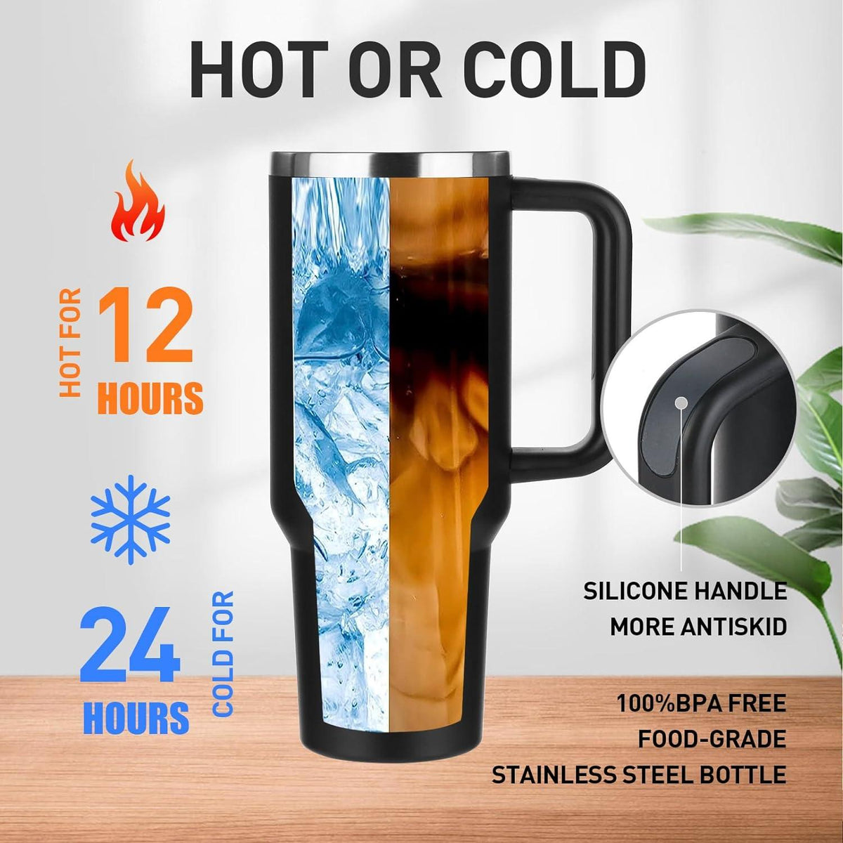 40oz Thermobecher Edelstahl Vakuum Isolierbecher Griff Strohhalm Schwarz