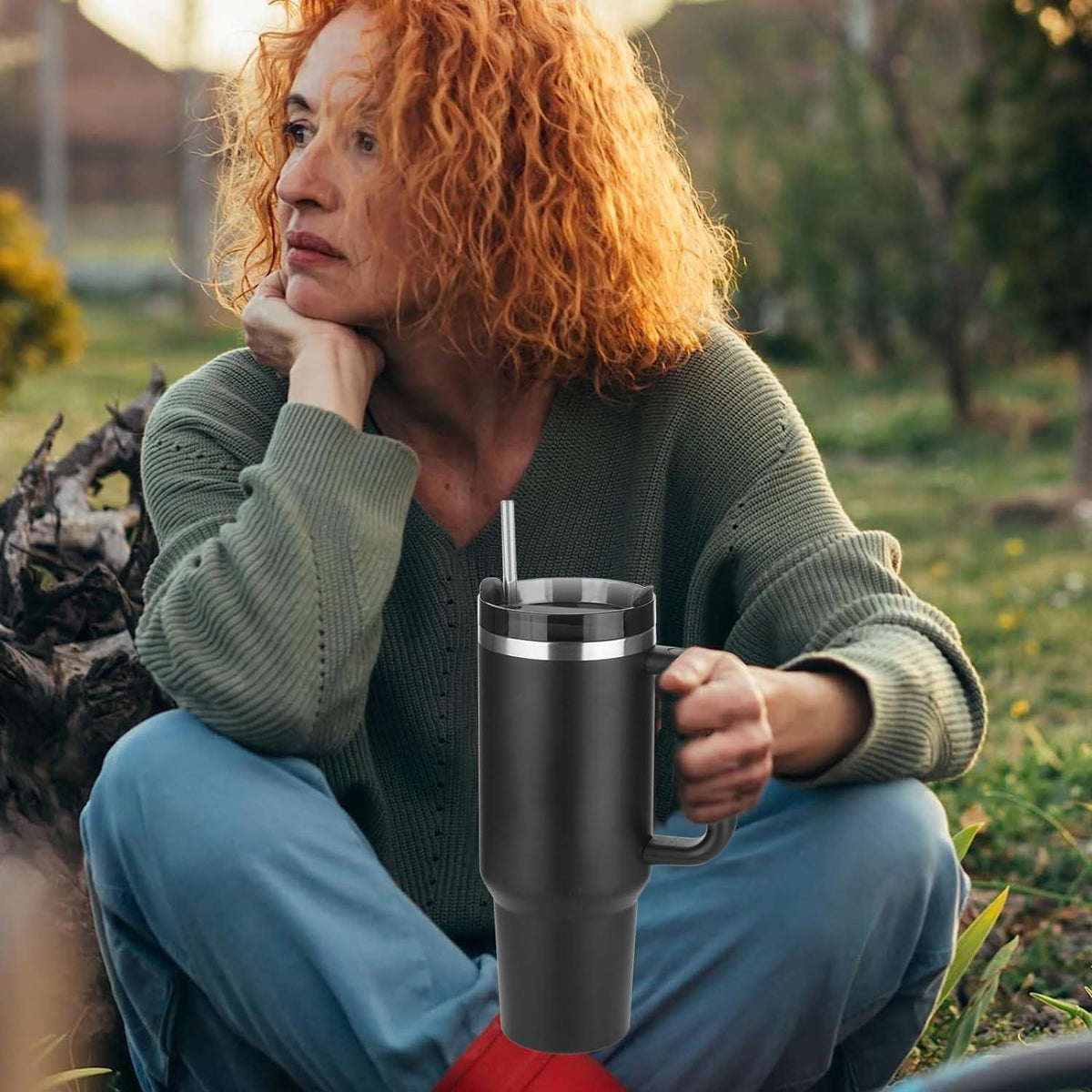 40 oz Thermobecher mit Strohhalm und Henkel, doppelwandiger Edelstahl