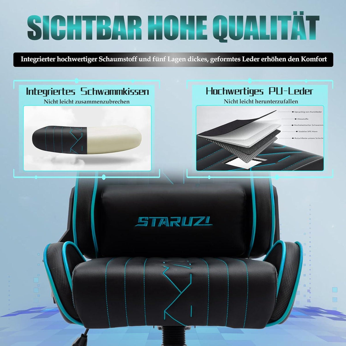 STARUZI Gaming Stuhl Ergonomisch Schwarz Blau 150 kg Belastbarkeit