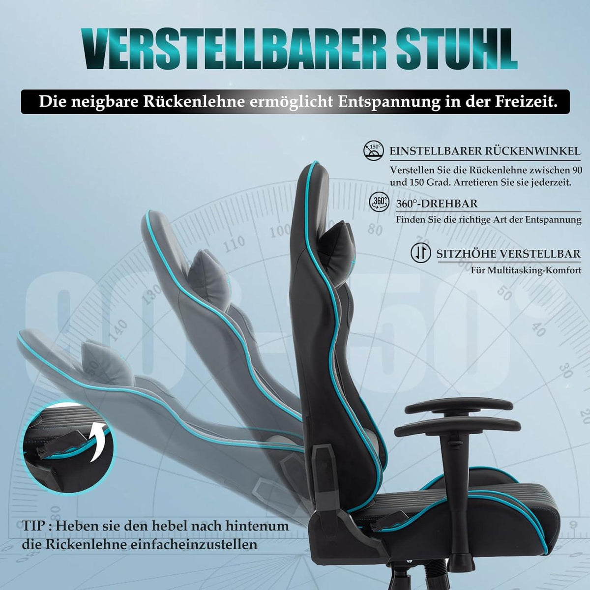 Gaming Stuhl Ergonomisch Schwarz Blau 150 kg Belastbarkeit