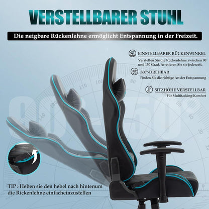 Gaming Stuhl Ergonomisch Schwarz Blau 150 kg Belastbarkeit