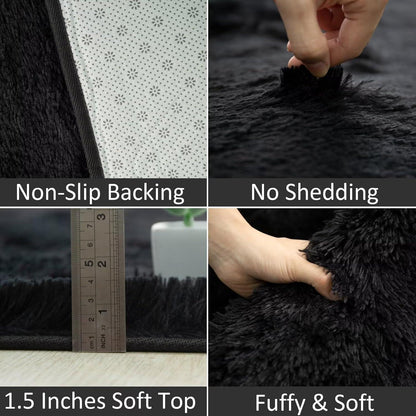Weicher Shaggy Teppich Wohnzimmer Schlafzimmer 200x290cm Schwarz