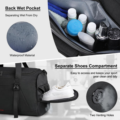 IGOLUMON Sporttasche 55L Herren Damen wasserdicht mit Schuhfach und Nassfach Schwarz