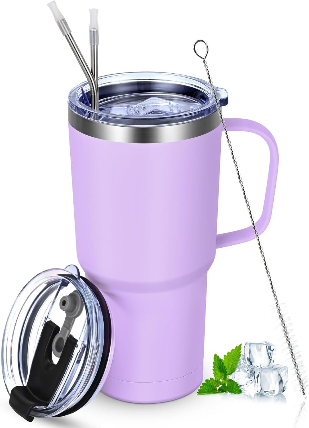 Livole 600ml Thermobecher mit Henkel und Strohhalm, Vakuum Kaffeebecher Thermo, Edelstahl 20oz Trinkbecher Hellviolett
