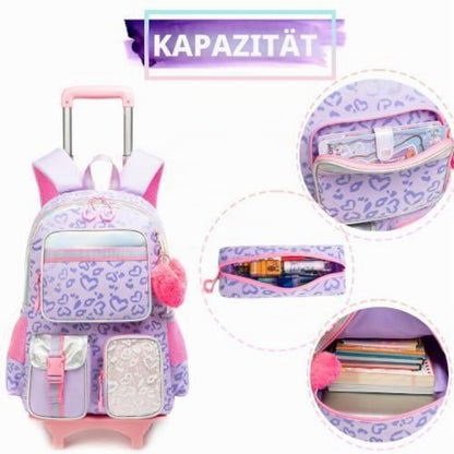 Kinder Trolley Rucksack mit Rädern Lila Herz Schulrucksack Set