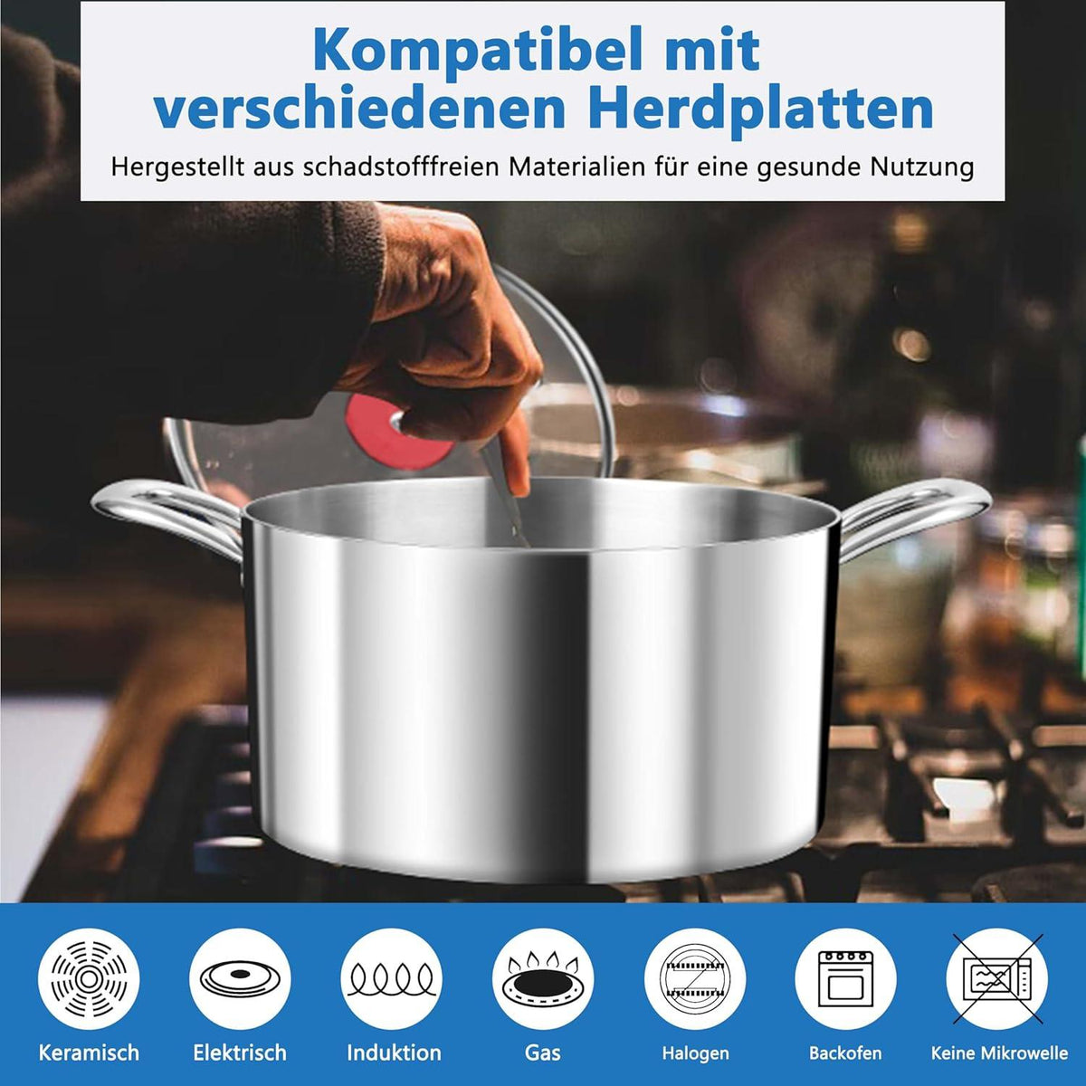 Kochtopf Groß 24cm 3-Lagen Edelstahl 5,7L Topf Glasdeckel Herdarten