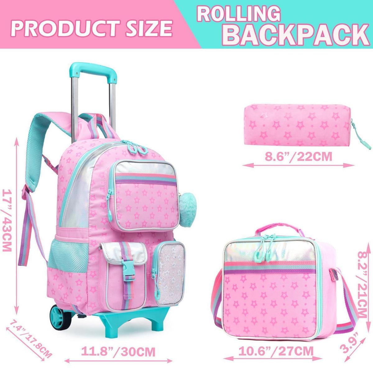 Rollrucksack für Mädchen mit Rädern – 17 Zoll, Rosa