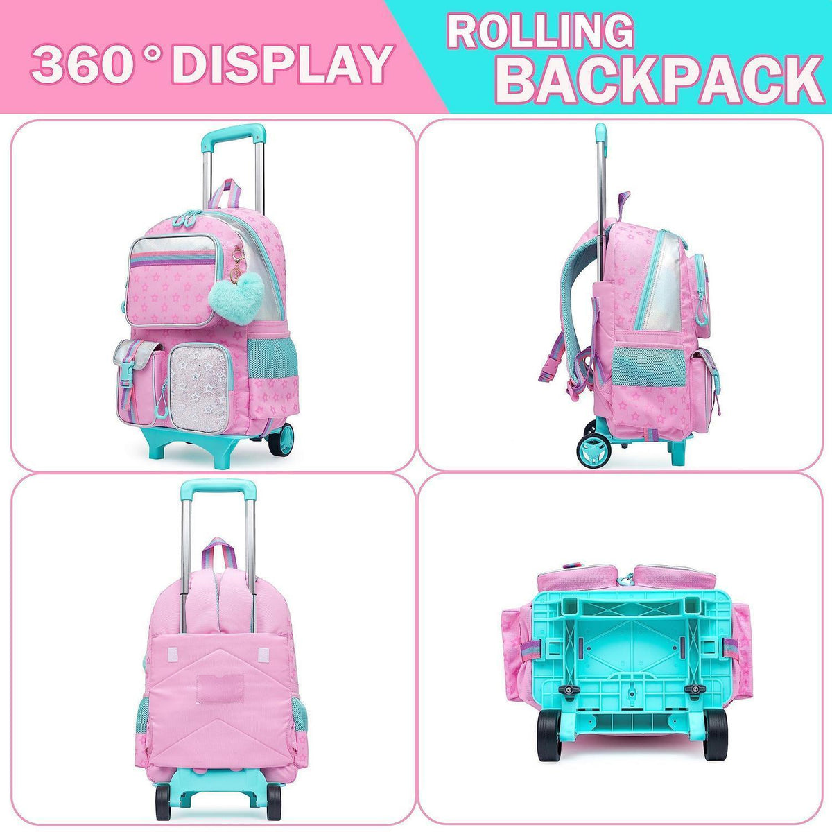 Rollrucksack für Mädchen mit Rädern – 17 Zoll, Rosa