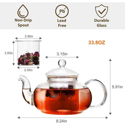 Glasteekanne mit Sieb 1 Liter, Herdplattensicher, Glaswärmer