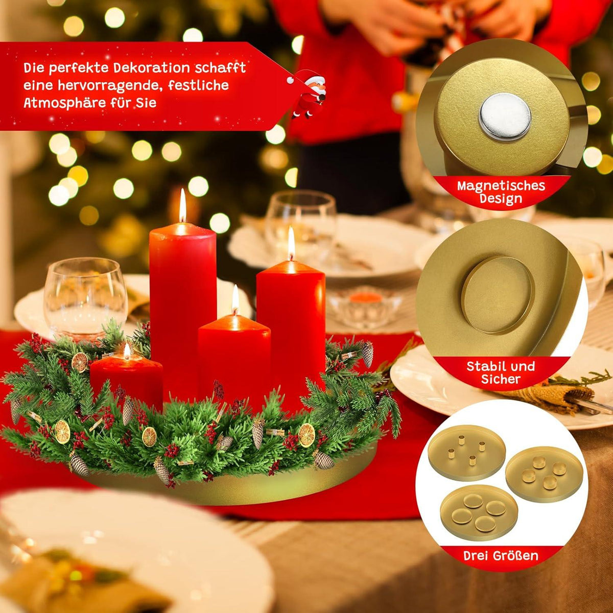 30cm Magnetisches Adventskranz Metall Kerzenhalter Gold - 3in1 Stumpenkerze Stabkerzen Teelichter Weihnachten Deko
