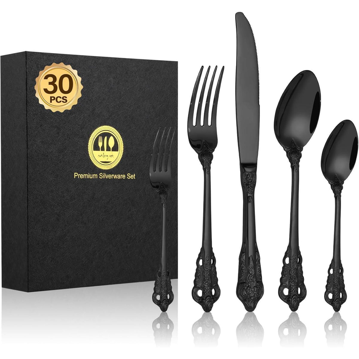 30-teiliges Besteckset Schwarz Matt, Edelstahl, Geprägte Griffe
