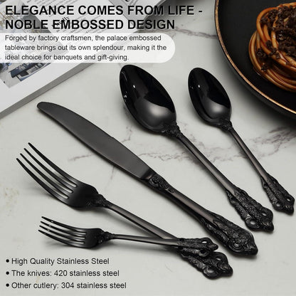 30-teiliges Besteckset Schwarz Matt, Edelstahl, Geprägte Griffe