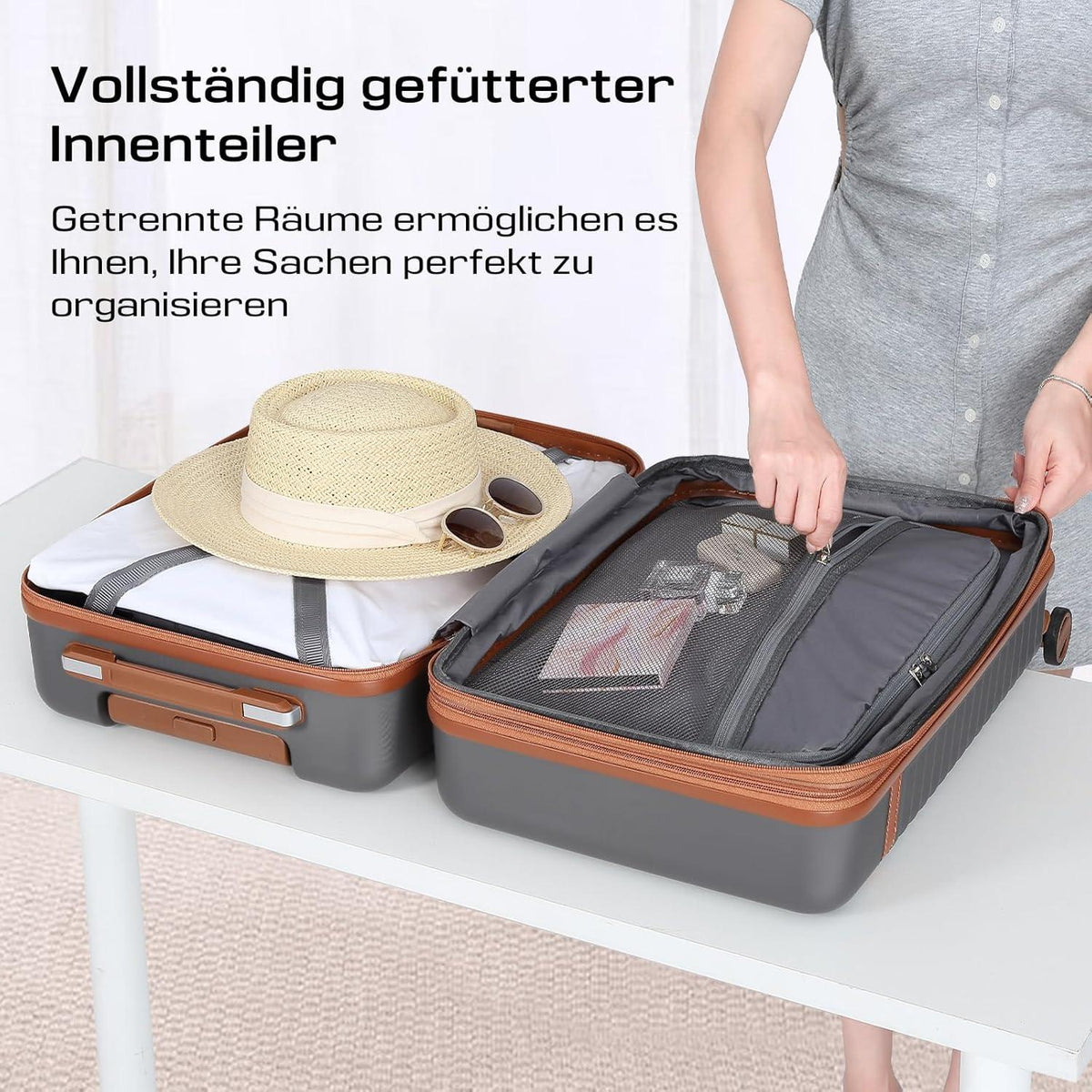 Joyway 5tlg ABS Hartschalen Kofferset mit TSA-Schloss, 4 Rollen + Reisetasche + Kulturbeutel - Grau