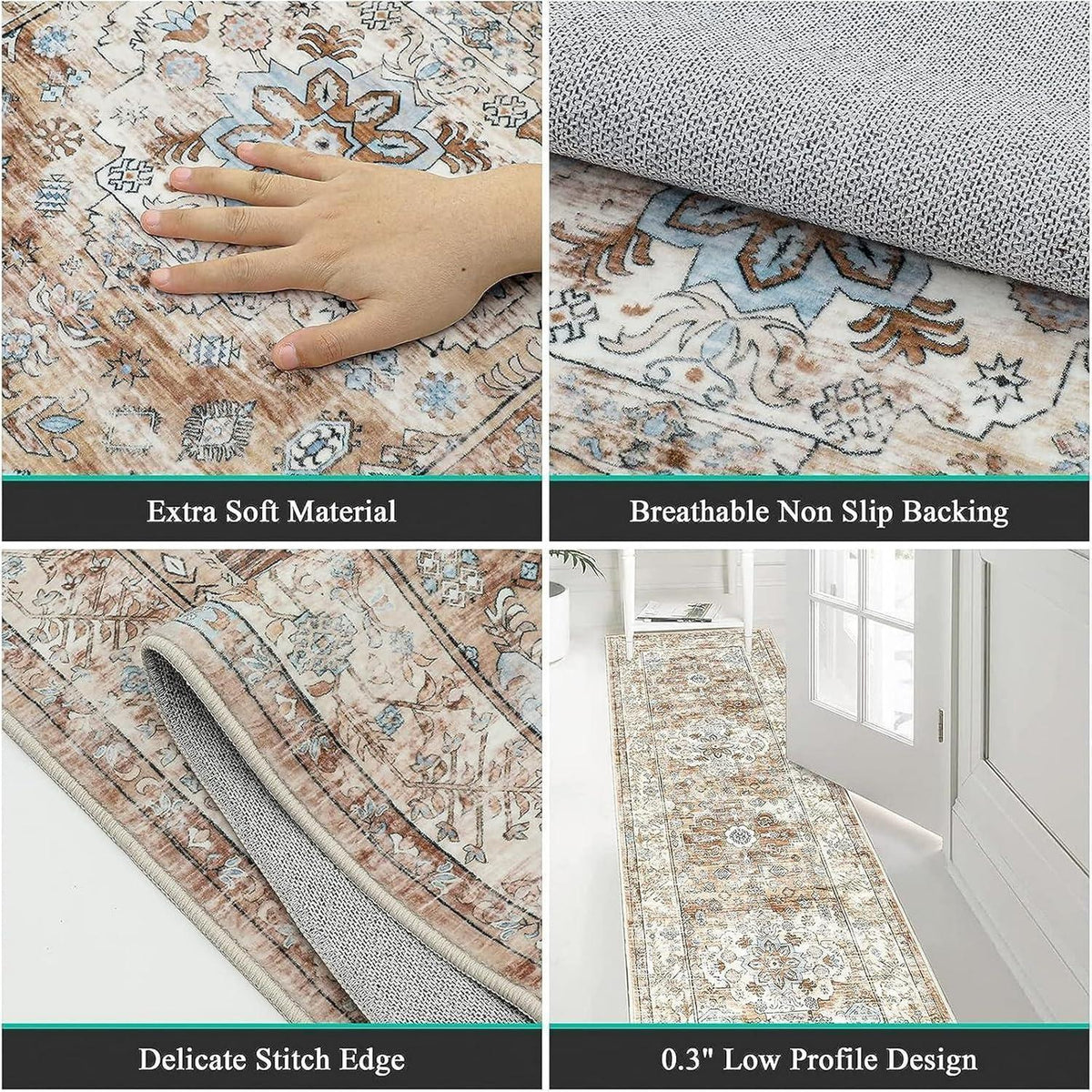 Läufer Teppich 60x240 cm Creme Boho Chic rutschfest waschbar