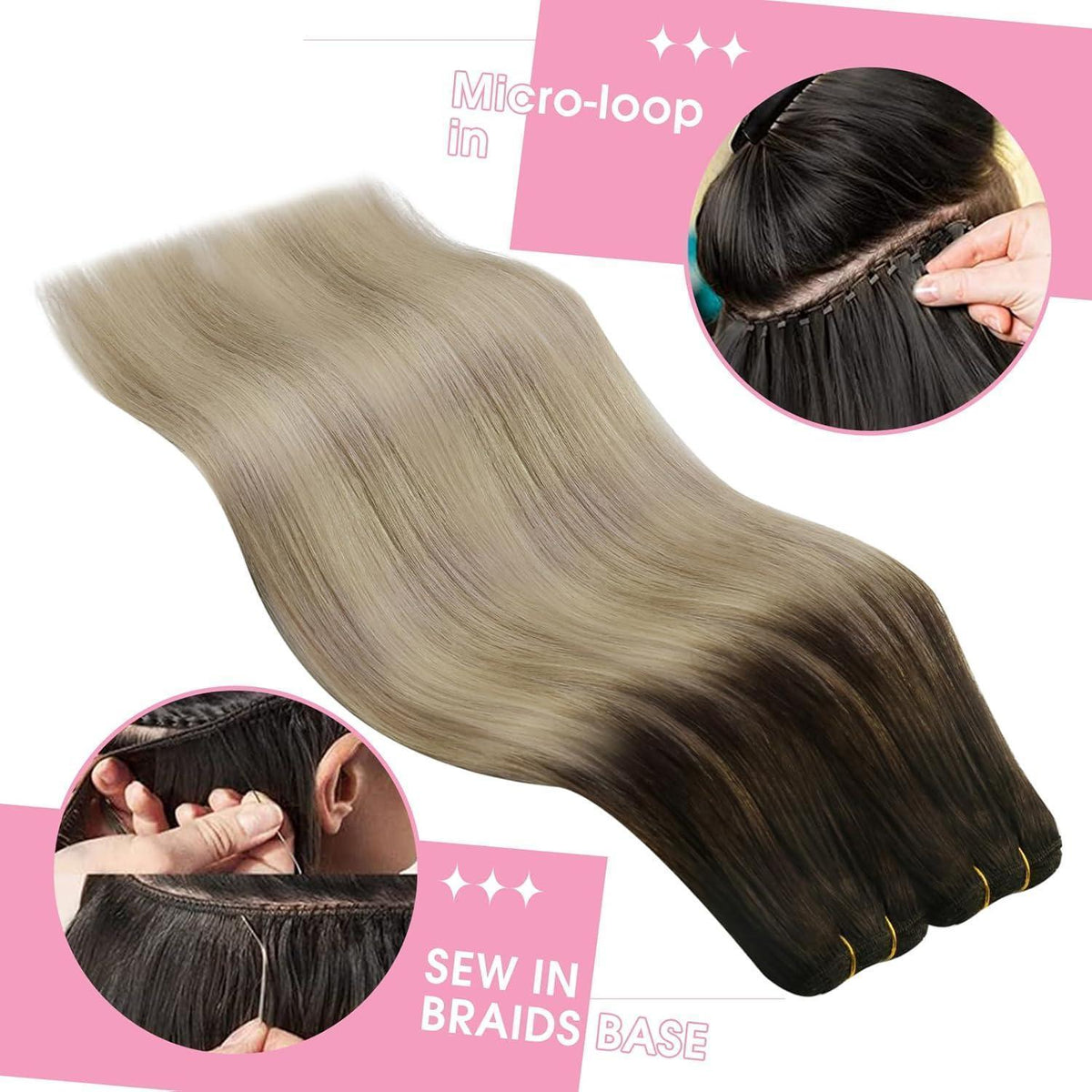 Echthaar Tressen Dunkelbraun 50 cm – Blond Balayage Ombre
