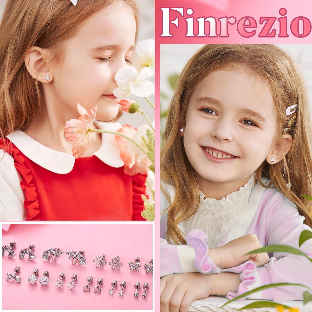 Mädchen Ohrringe Set 8-10 Paar Hypoallergen 316L Chirurgenstahl Zirkon Herz-Blume Kinder Ohrstecker Stil C-10 Paare