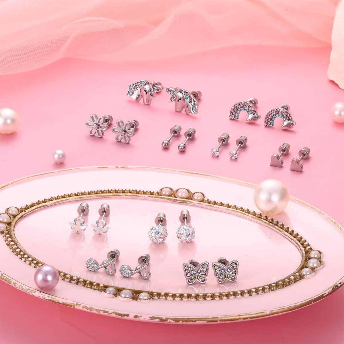 Mädchen Ohrringe Set 316L Chirurgenstahl Zirkonia Herz-Blume 8-10