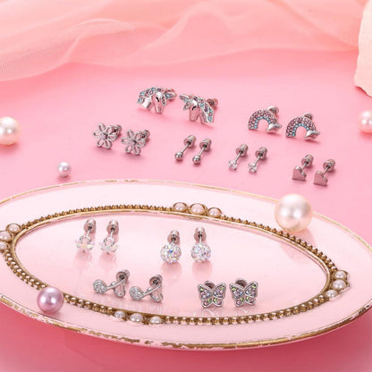 Mädchen Ohrringe Set 316L Chirurgenstahl Zirkonia Herz-Blume 8-10