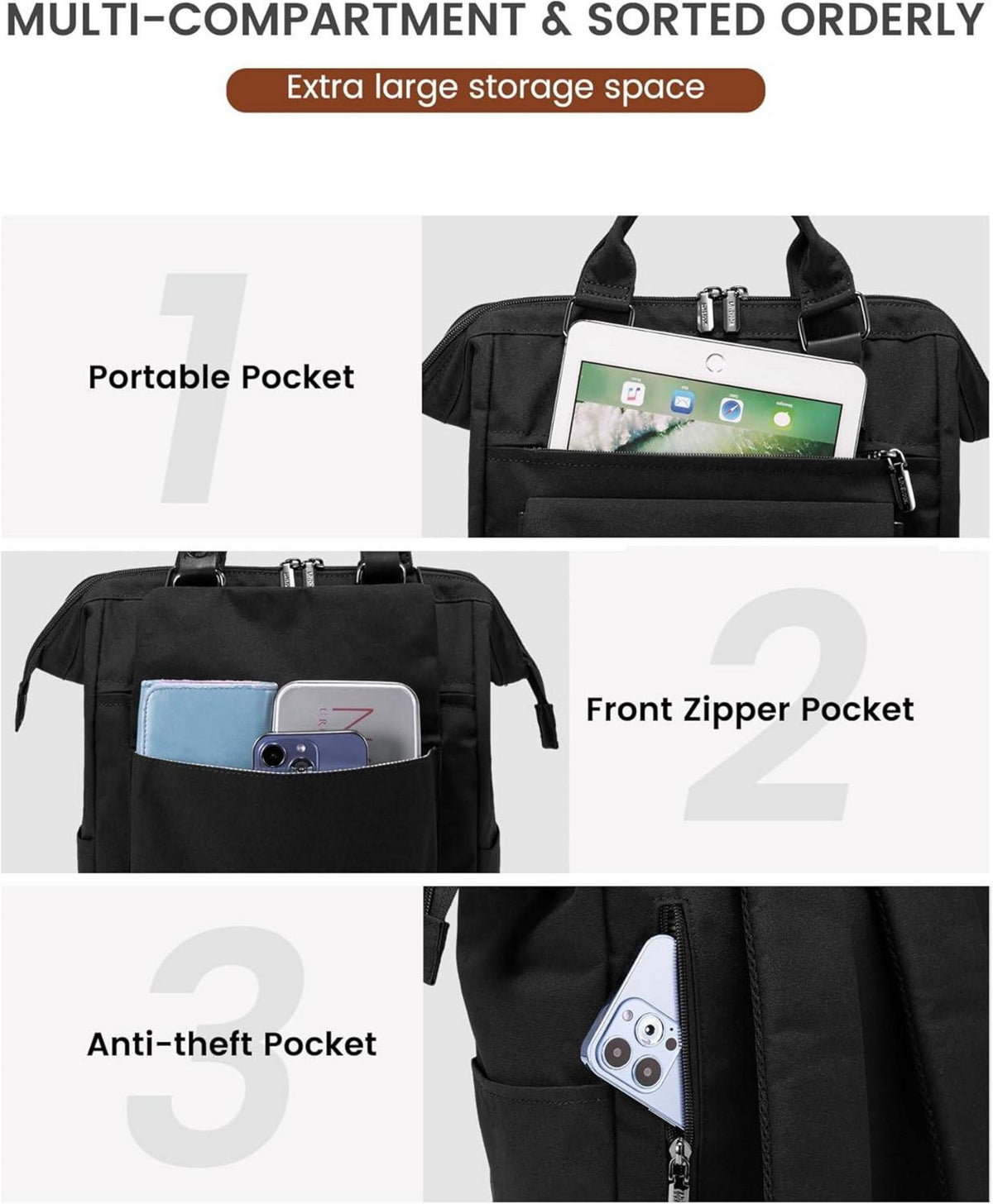 Schwarzer Damen Rucksack Wasserdicht Mini 14-Zoll Laptopfach