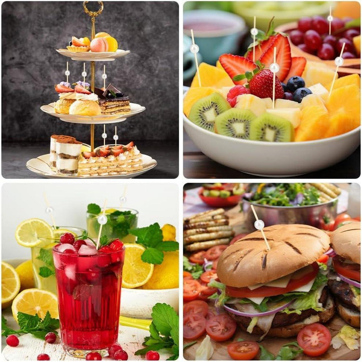 200 Cocktailspieße Bambus mit Perlen – 12cm Party & Snack Spieße