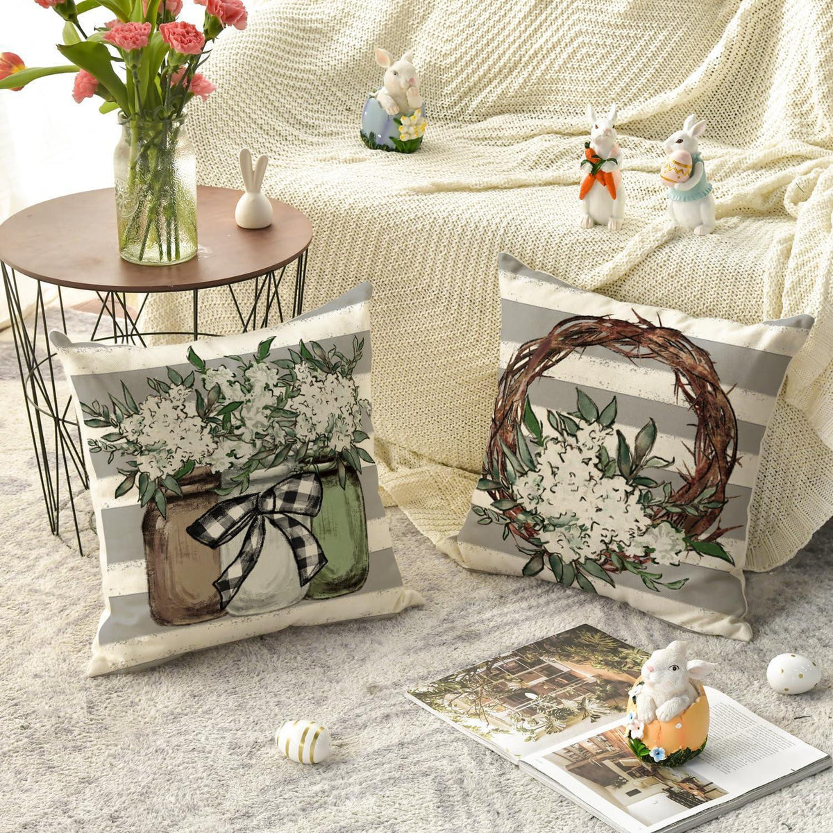 Oster Kissenbezüge 4er Set - Hasen, Blumen & Eier 45x45 cm