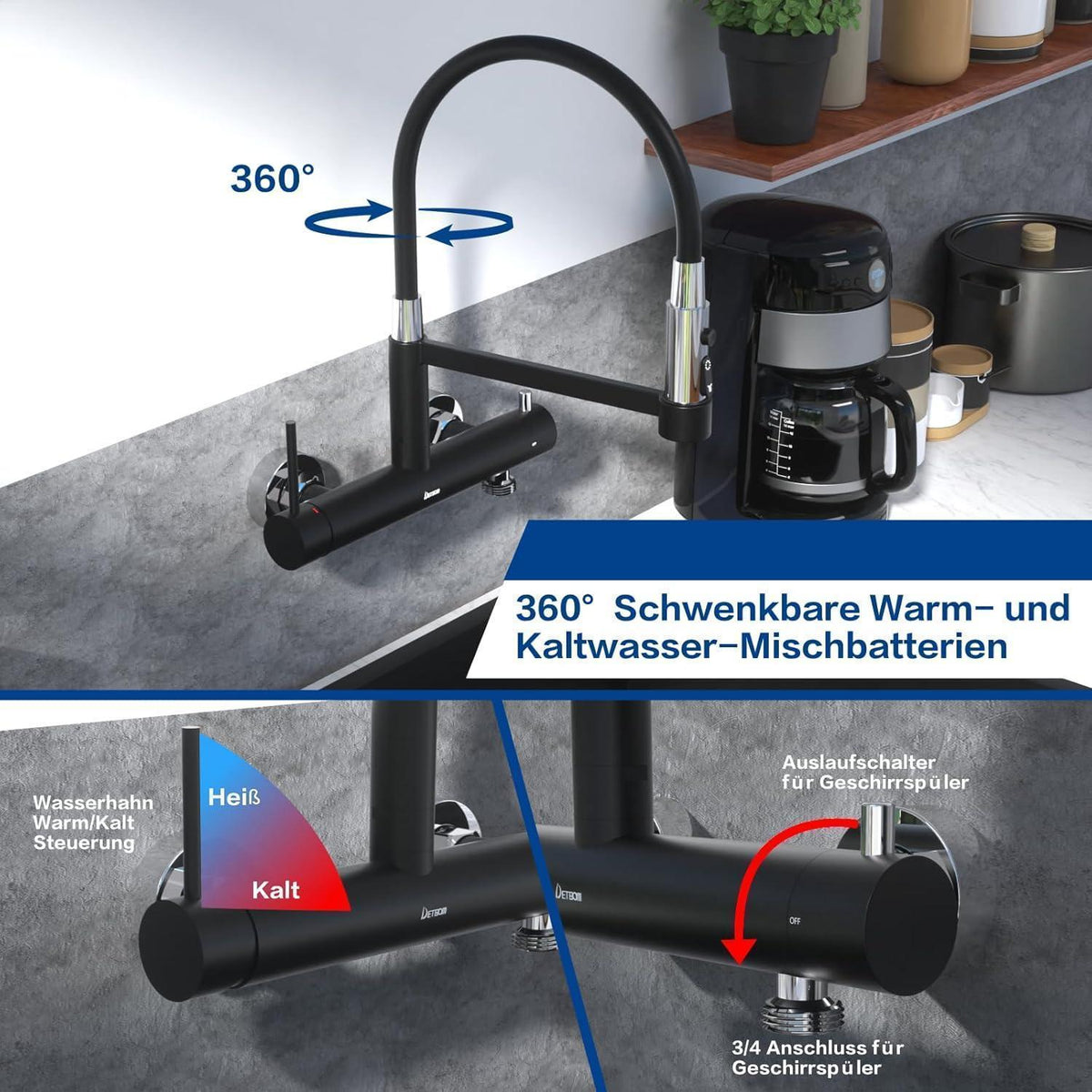 Wandarmatur Küche Edelstahl 3-Strahl-Auslauf, 3/4" Anschluss