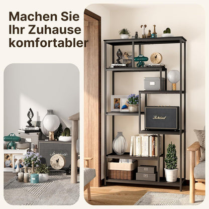 5-stöckiges Bücherregal versetzt, Schwarz – Freistehendes Industriedesign