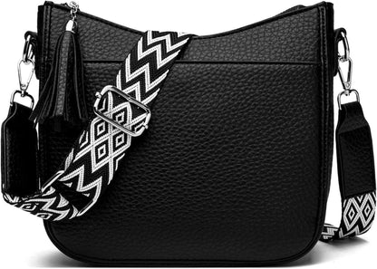 Schwarze Crossbody Umhängetasche Damen Veganes Leder Mit Breitem Gurt