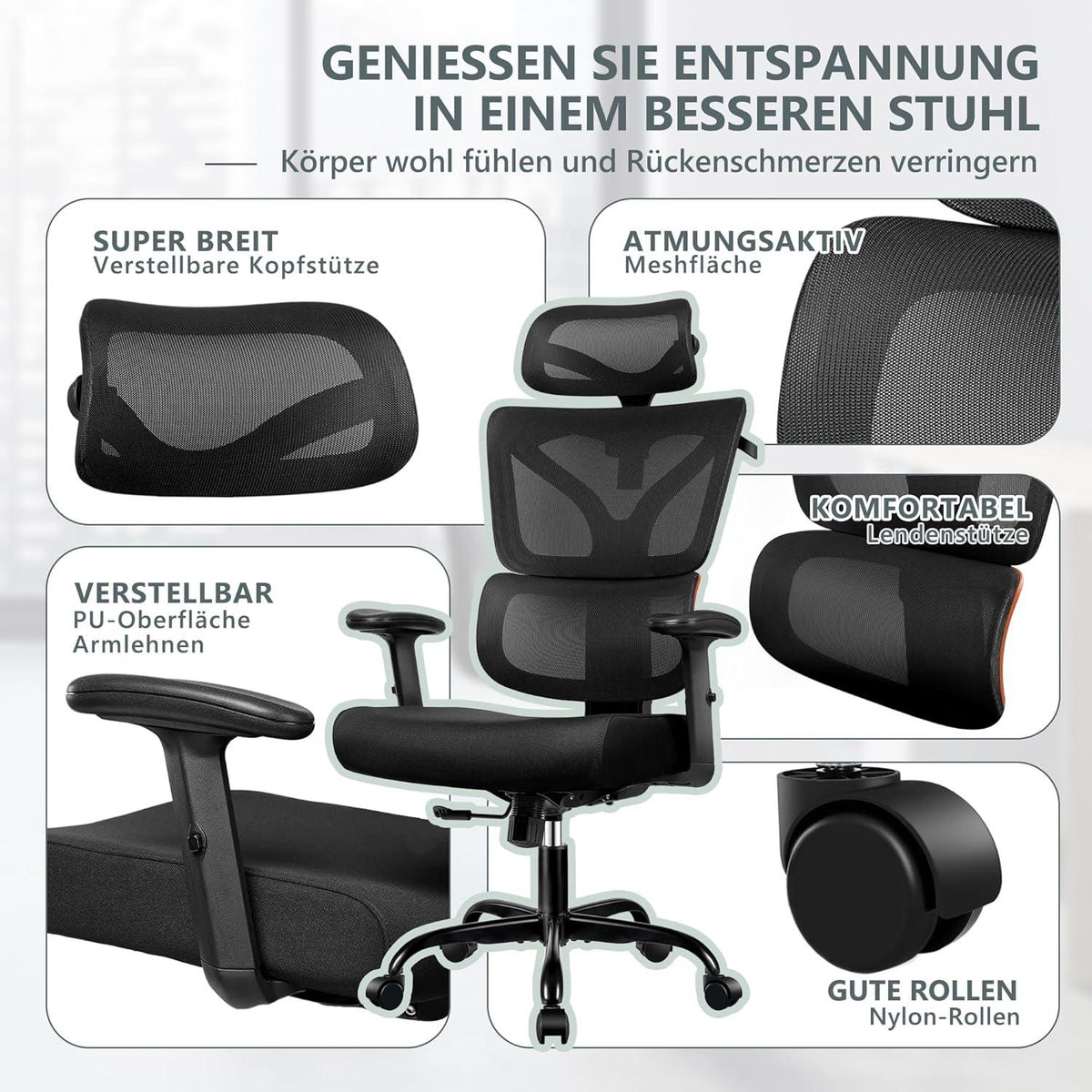 Ergonomischer Bürostuhl mit Großen Rücklehnen, Gaming-Stuhl mit Lordosenstütze