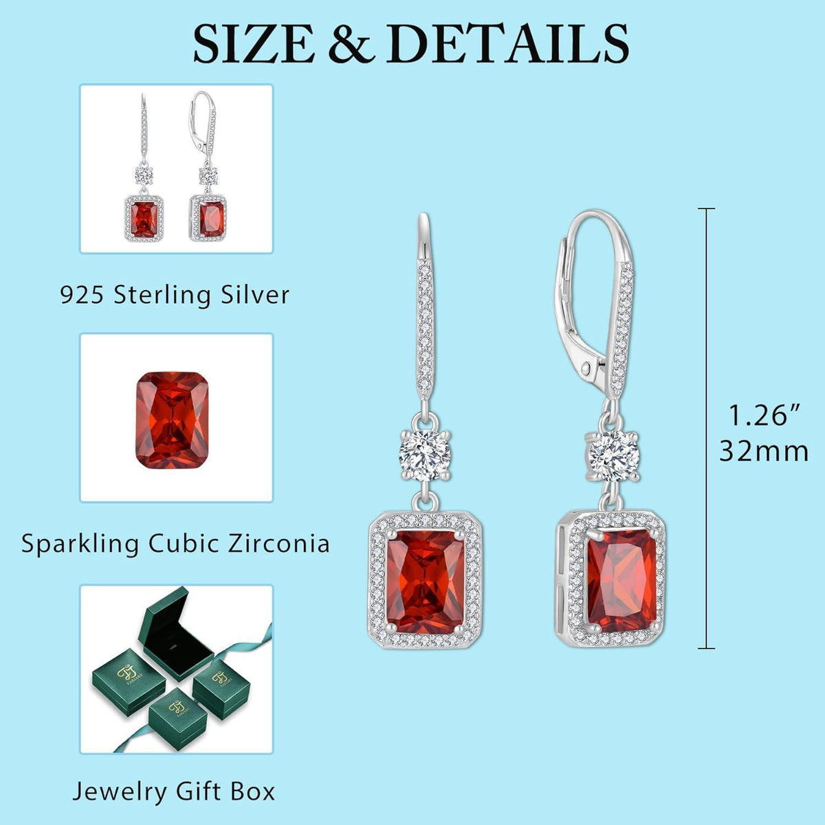 Hängende Ohrringe mit Prinzessschliff Granat | 925 Sterling Silber