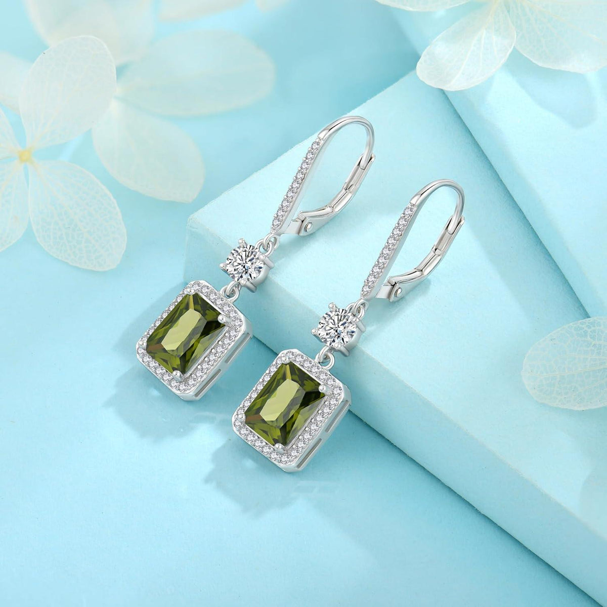 Elegante FJ Quadrat Peridot Halo Ohrringe 925 Silber Damen Geburtsstein