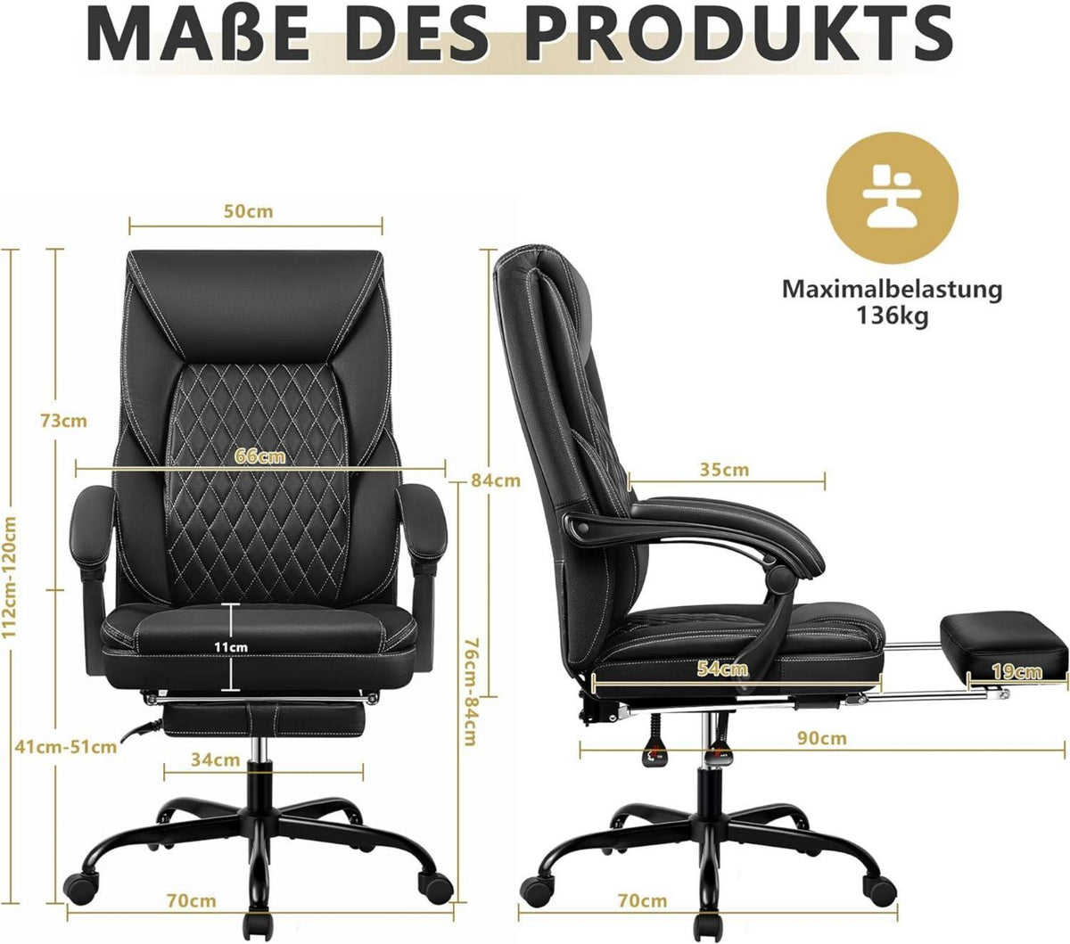 Ergonomischer Bürostuhl mit Fußstütze und Lendenwirbelstütze