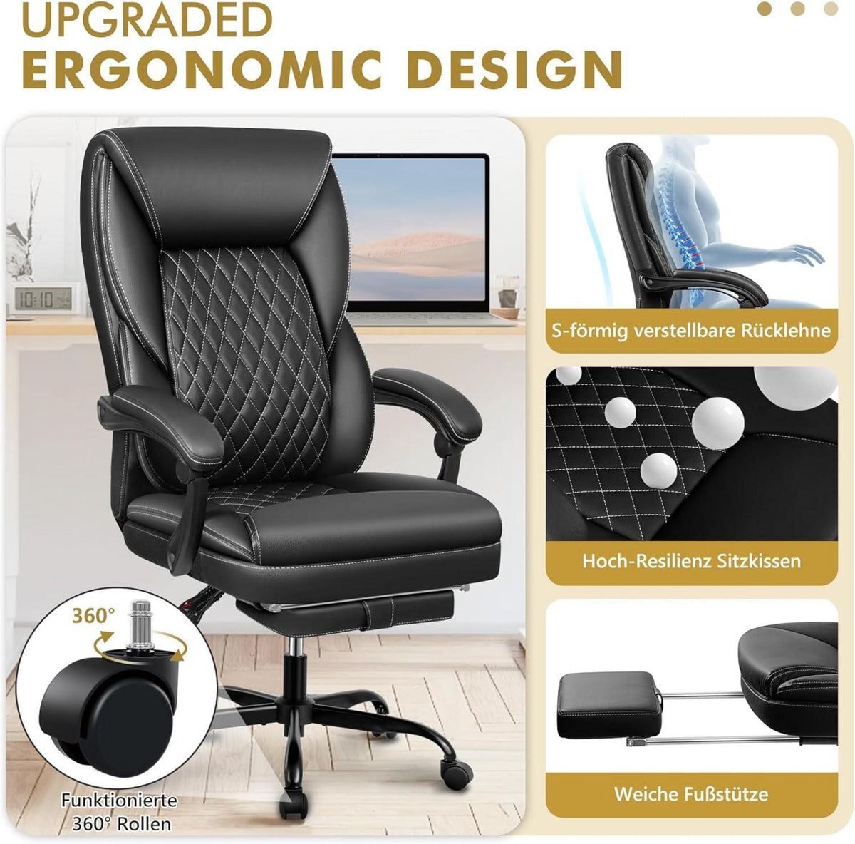 Ergonomischer Bürostuhl mit Fußstütze und Lordosenstütze Schwarz