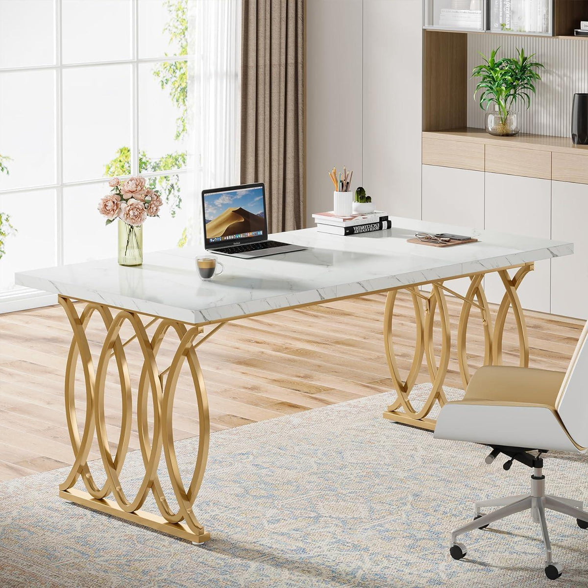 Moderner Schreibtisch Weiß & Gold | 160x80cm | Bürotisch & Esstisch