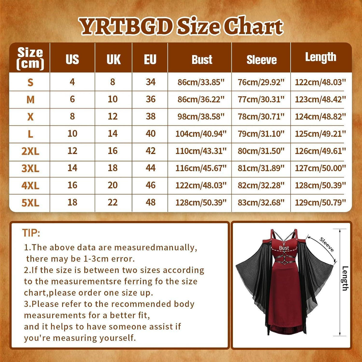 Gothic Kleid Damen Vintage Mittelalterlich mit Trompetenärmeln