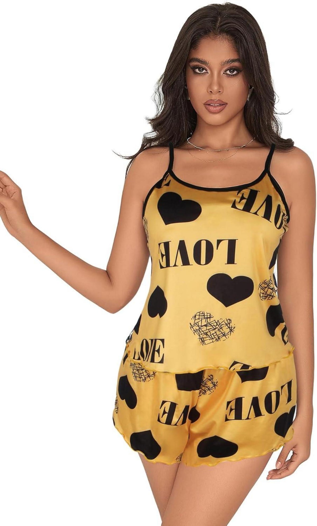 Kurzer Satin-Negligee mit verstellbaren Trägern Gelb XL-XXL