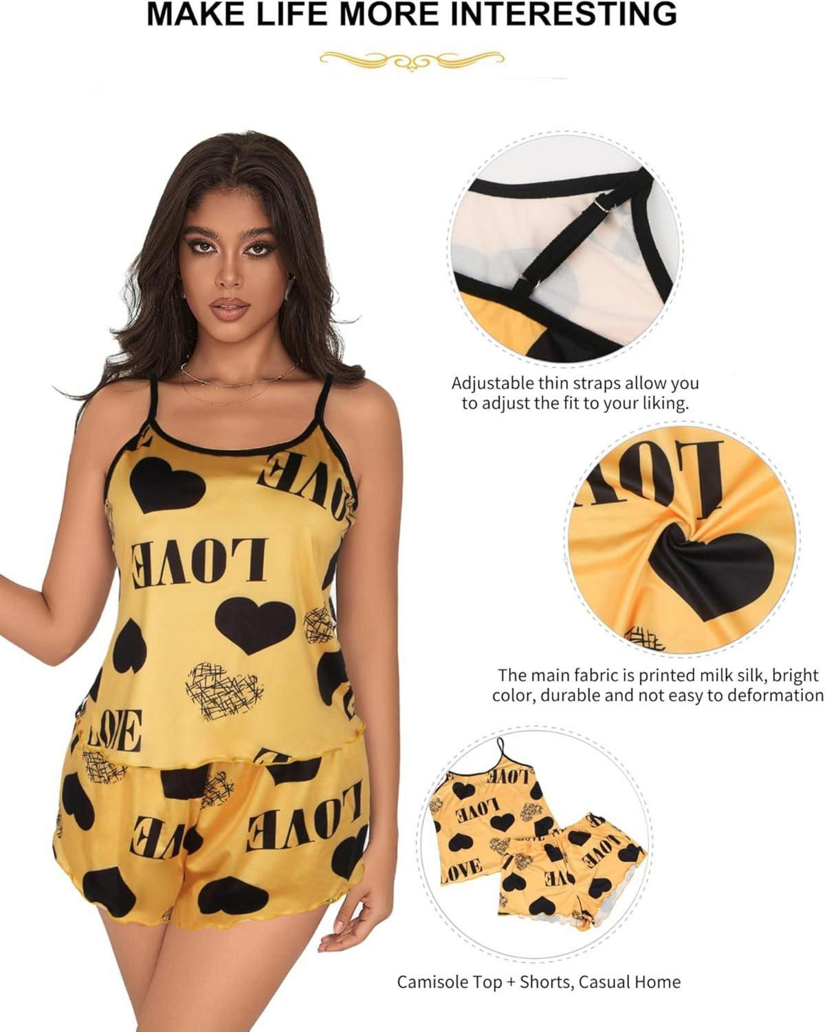 Kurzer Satin-Negligee mit verstellbaren Trägern Gelb XL-XXL