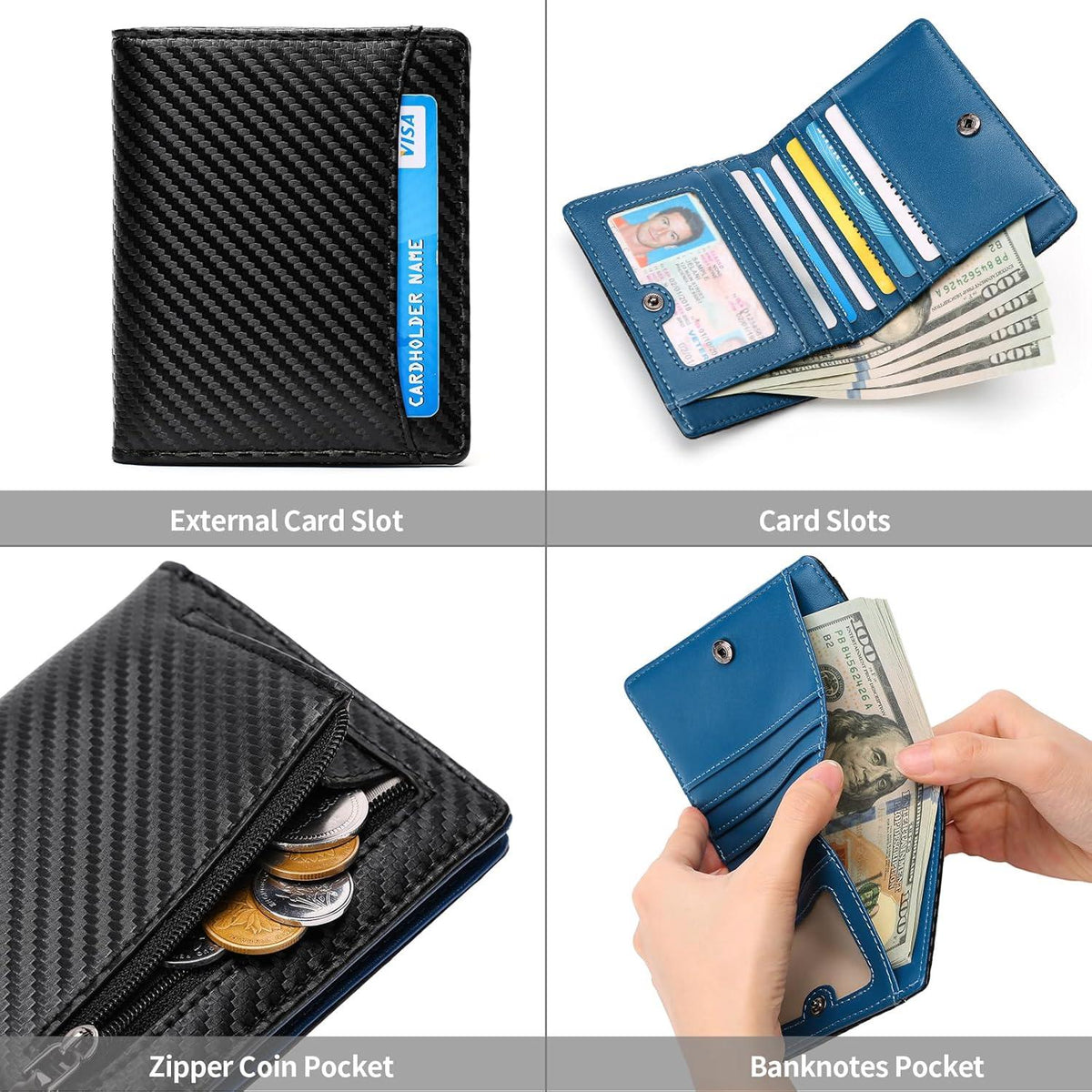RFID Slim Wallet Herren Münzfach Portemonnaie Schwarz Blau